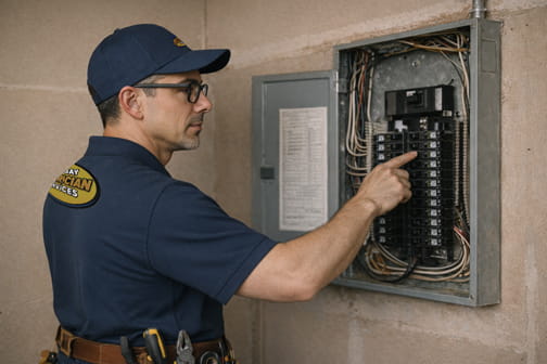 Electrician inspecting residential electrical panel breakers