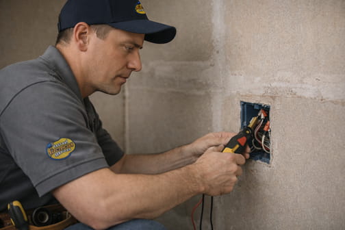 Journeyman electrician repairing wall outlet wiring