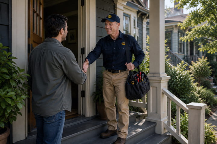 Licensed electrician arriving at older Berkeley Craftsman home for electrical service