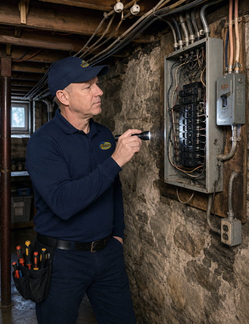 Matt inspecting electrical wiring in older Berkeley home during pre-job assessment