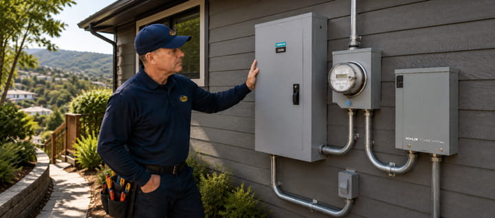 Completed 200-amp panel upgrade on exterior of older Berkeley Hills home
