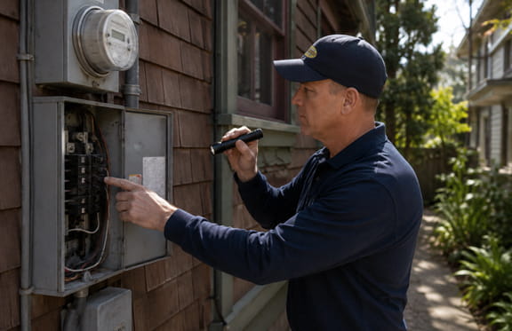 Electrician inspecting open electrical panel at older Berkeley home before upgrade