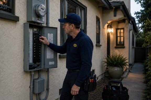 Emergency electrician diagnosing electrical panel problem at Berkeley home