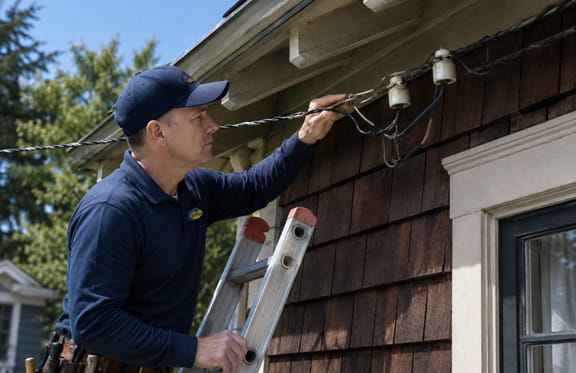 Electrician inspecting active knob-and-tube wiring in older Berkeley home
