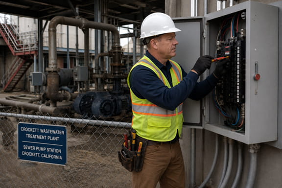 Electrician replacing electrical panels and upgrading wiring at Crockett sewer pump station