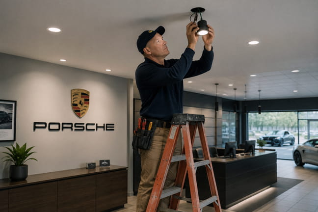 Electrician installing lighting during commercial electrical project at Porsche dealership in Walnut Creek