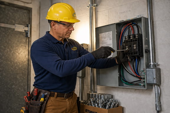 Electrician installing dedicated commercial electrical circuits for equipment and appliances