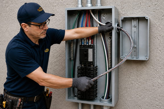 Electrician troubleshooting electrical panel problems during commercial electrical repair service