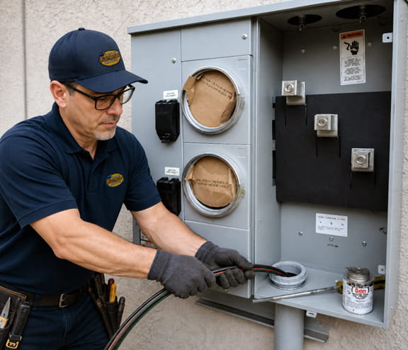 Electrician pulling wire at commercial meter bank for East Bay business Oakland CA
