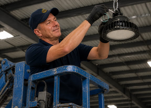 Electrician installing LED high-bay warehouse lighting in commercial building