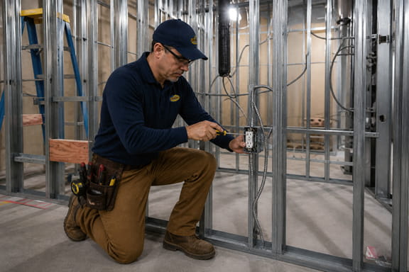 Electrician wiring electrical system during new commercial construction project