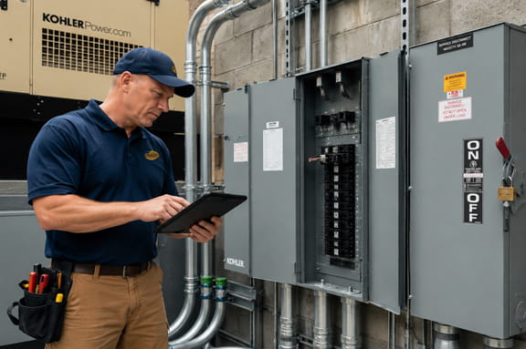 Electrician inspecting commercial electrical panel during service and capacity upgrade