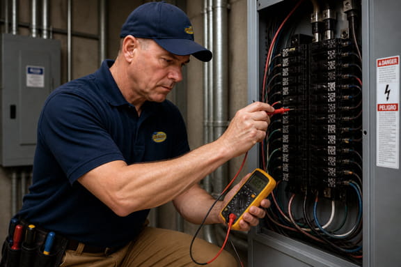 Electrician diagnosing partial power loss in commercial building