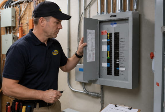 Electrician testing completed commercial electrical panel during final inspection process