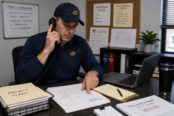 Electrician coordinating commercial electrical permits and inspection scheduling for project