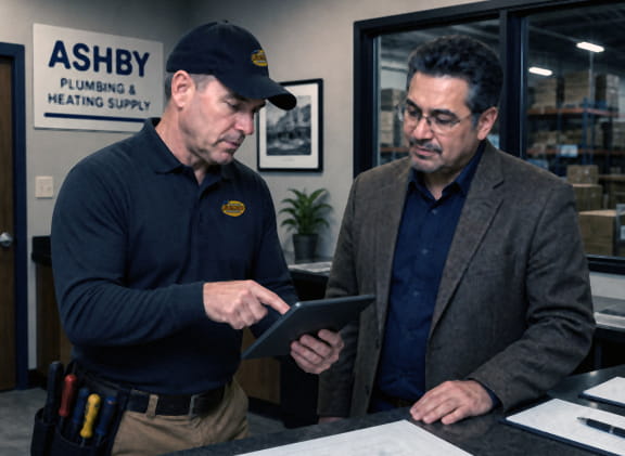 Electrician reviewing commercial electrical project scope and written quote with business owner