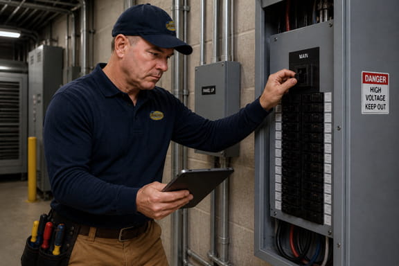 Electrician performing commercial electrical site assessment and load calculation for building power requirements