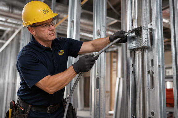 Electrician running new electrical wiring during tenant improvement commercial build-out
