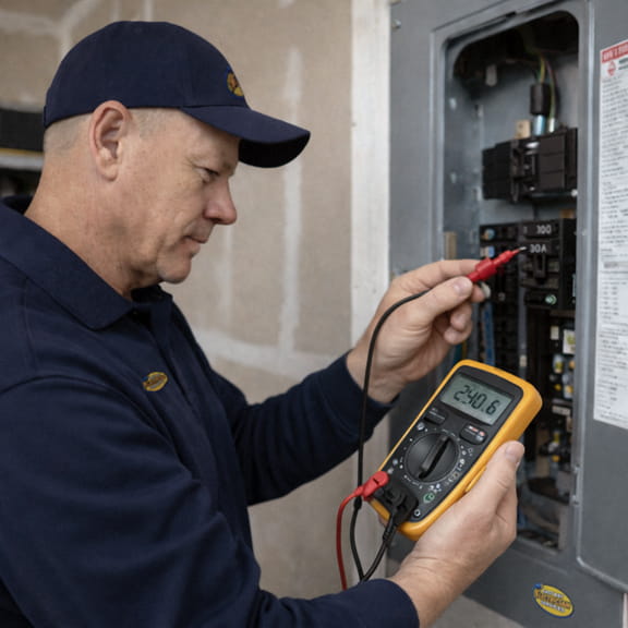 Electrician load testing replaced breaker after emergency panel repair Oakland Hills