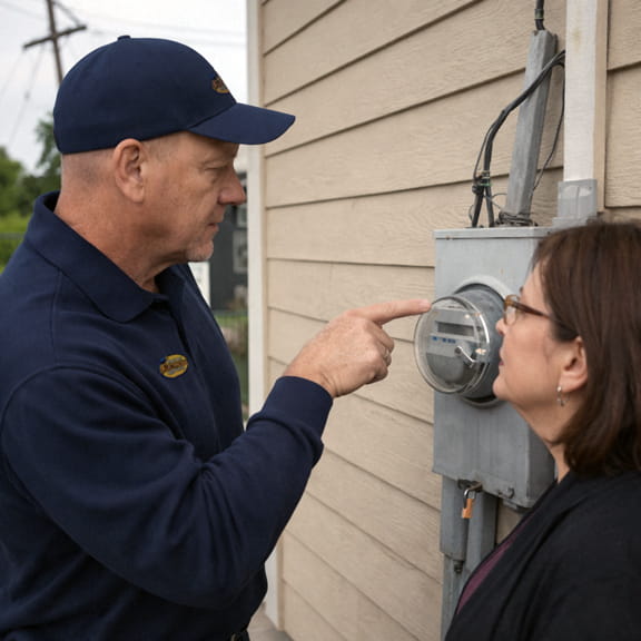Electrician inspecting meter and diagnosing power loss from utility pole damage