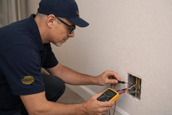 Electrician testing faulty wiring at wall outlet Oakland