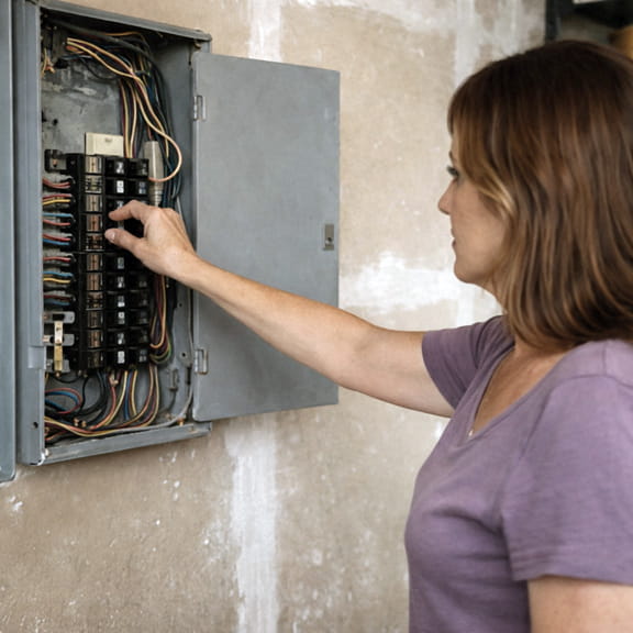 Homeowner resetting tripped circuit breaker in electrical panel