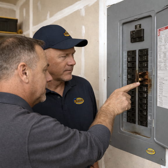 Electrician diagnosing overheating breaker and smoldering panel Oakland