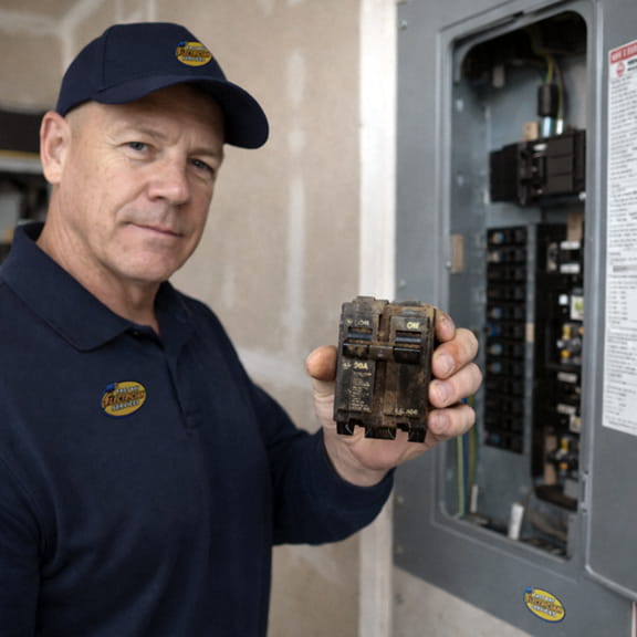 Failed 30-amp breaker removed from smoldering panel — Oakland Hills emergency repair