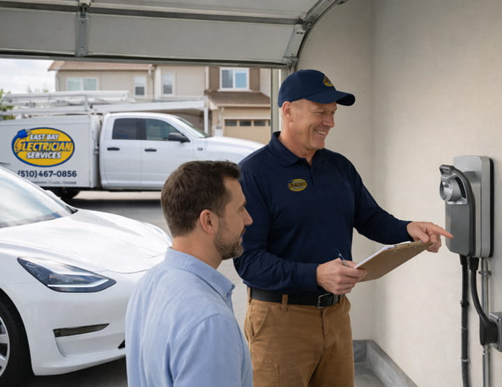 Licensed electrician installing Level 2 EV charger in residential garage