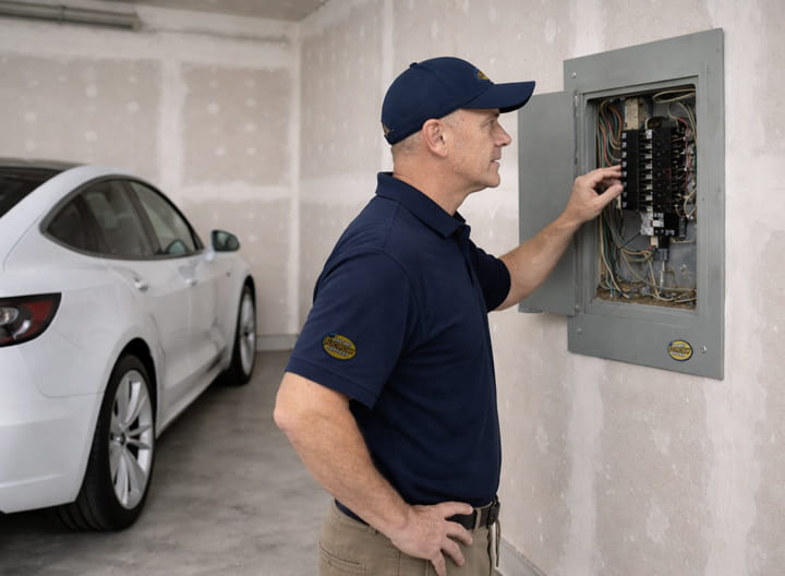 Electrician installing 60-amp dedicated breaker in panel for EV charger Piedmont Oakland