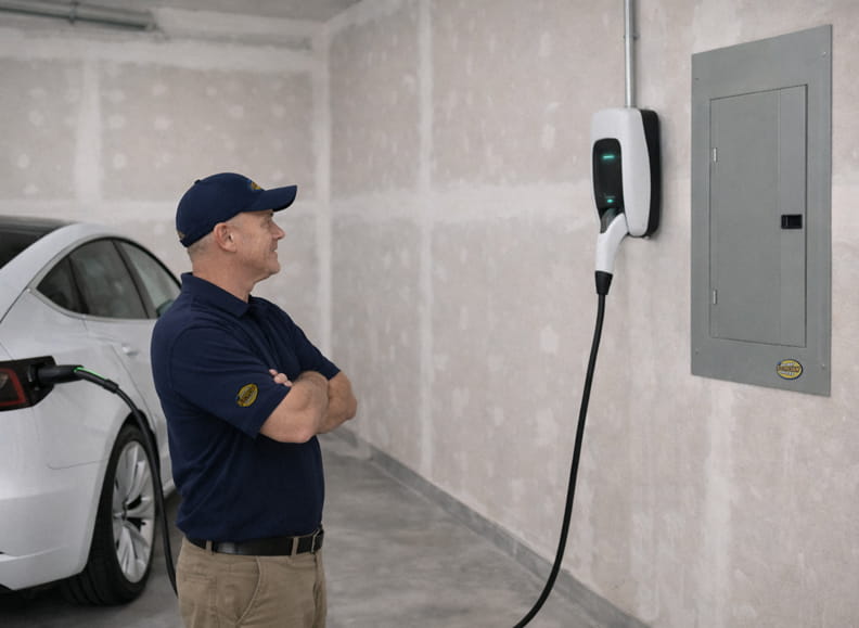 Tesla Wall Connector installed in Piedmont garage with clean conduit routing