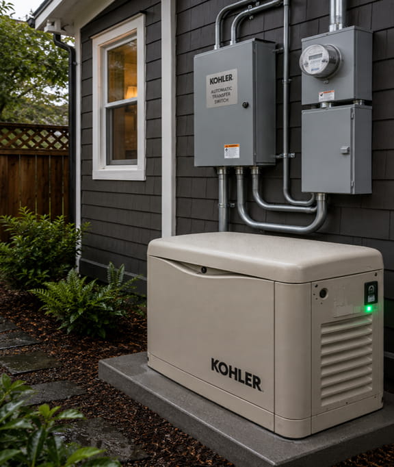 Completed Kohler whole-house standby generator installation with automatic transfer switch in Oakland