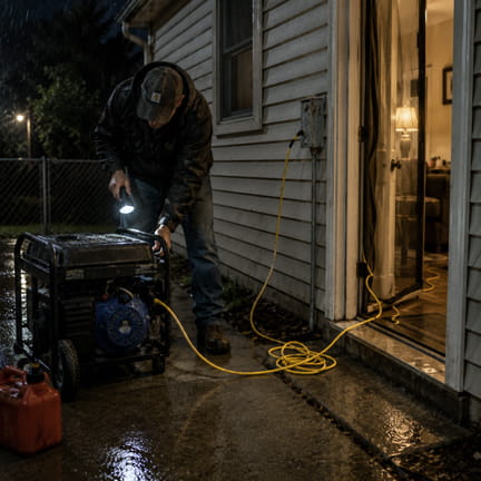 Homeowner running extension cords from portable generator during nighttime power outage