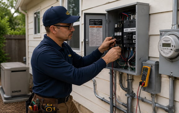 Electrician wiring automatic transfer switch next to main electrical panel for standby generator