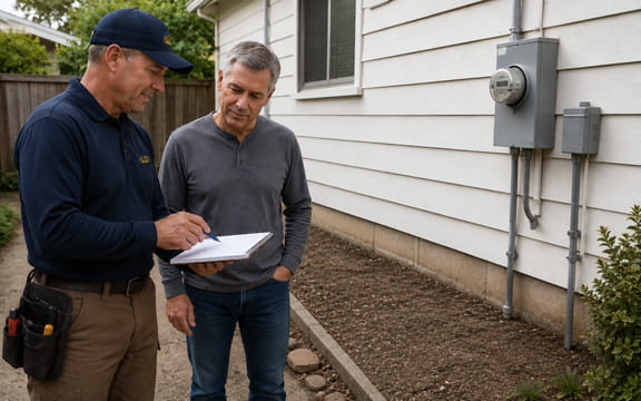Electrician discussing whole-house standby generator options with homeowner before installation