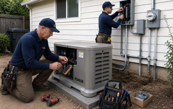 Kohler standby generator installed on composite pad with automatic transfer switch and outdoor electrical conduit