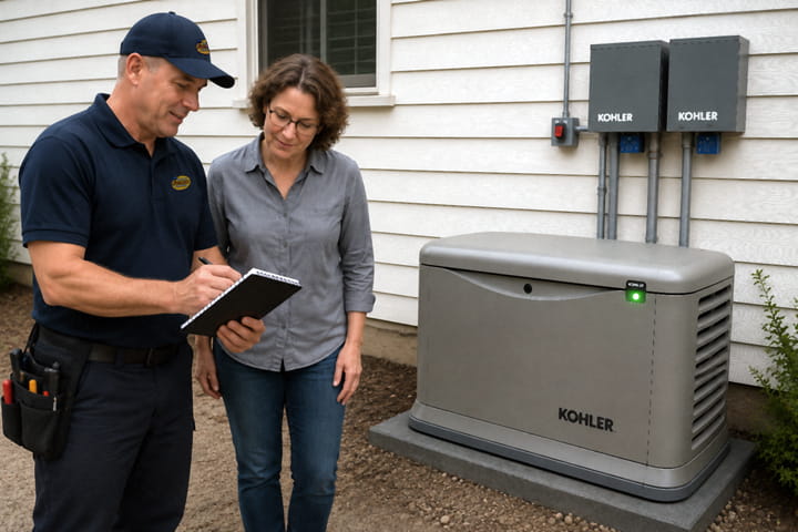 Matt reviewing completed whole-house Kohler standby generator installation with homeowner in Oakland, CA