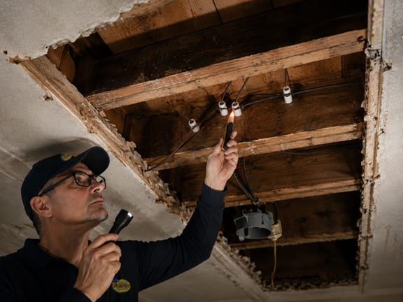 Electrician inspecting original knob-and-tube wiring through an opened ceiling in an older Berkeley home before planning a complete rewiring.