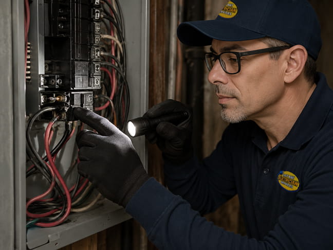 Electrician inspecting a loose electrical connection inside a breaker panel while diagnosing flickering lights in an older Berkeley home.