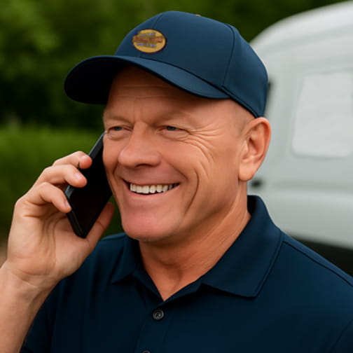 Licensed electrician and owner answering customer service call