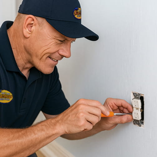 Electrician repairing residential electrical outlet