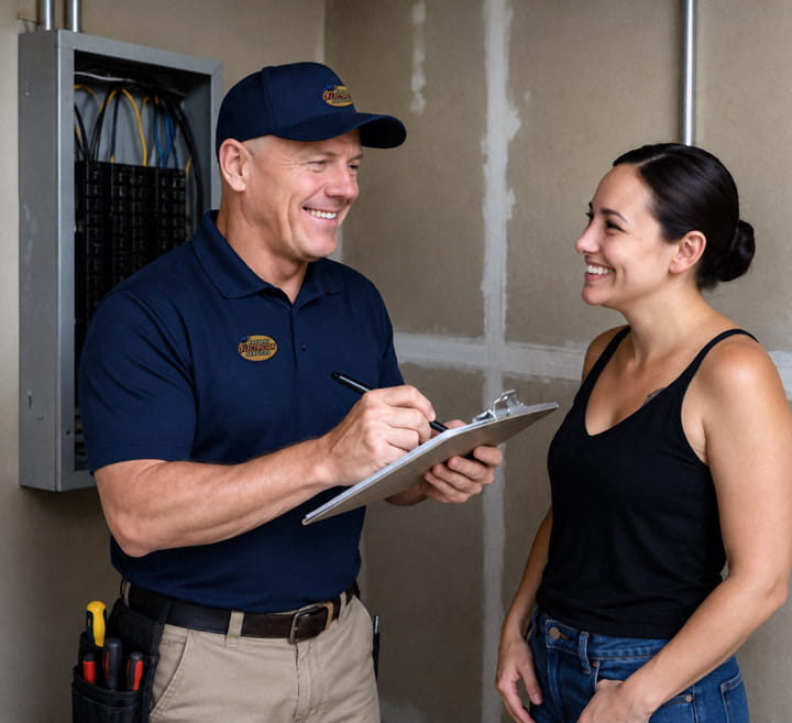 Licensed electrician consulting with homeowner about electrical upgrade