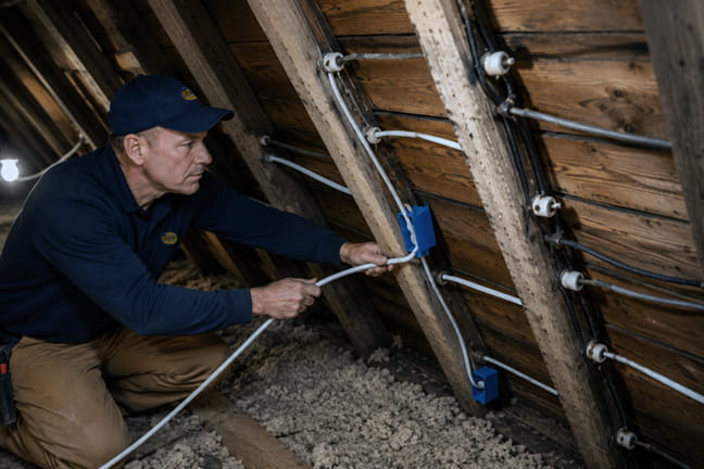 Electrician running new Romex wiring through attic during whole house rewiring project