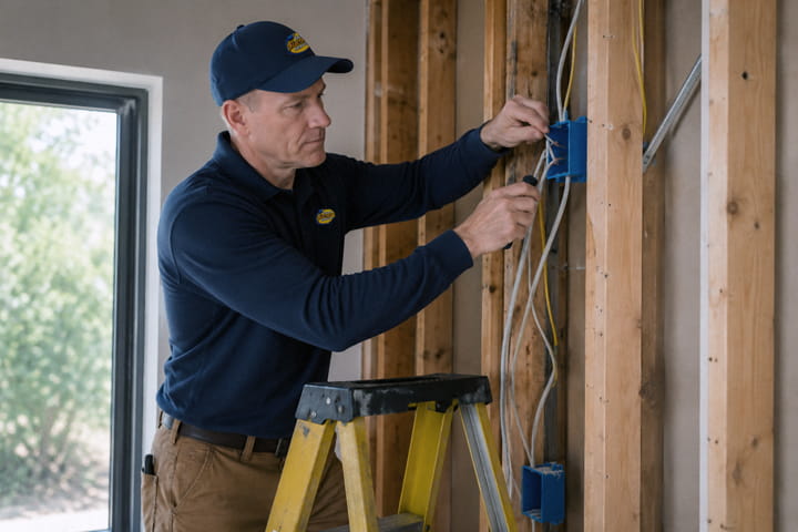 Electrician installing new Romex branch circuit wiring during whole home rewiring project